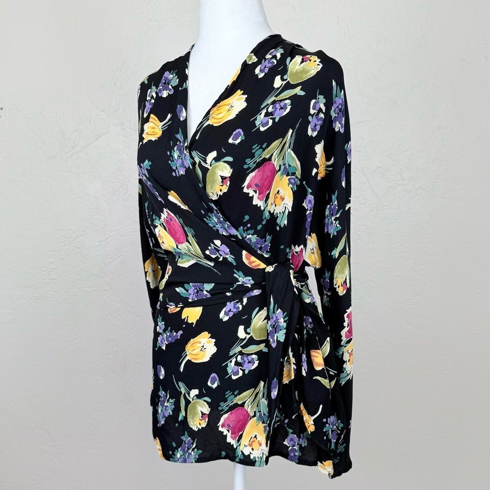 Vintage Rodier Floral Wrap Long Sleeve Black Multicolor Print Top 46 FR US L - Picture 2 of 13